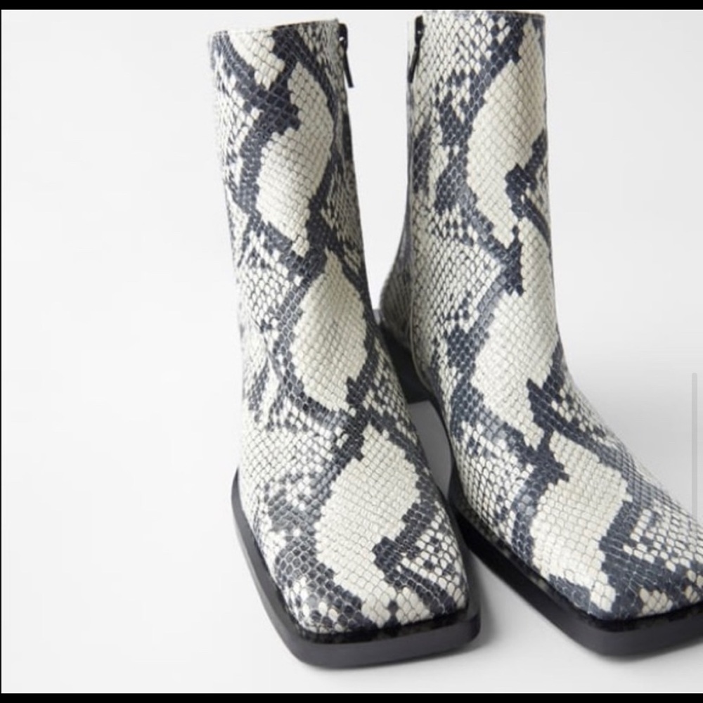 Zara Square Heel Leather Bootie Animal Snake Print